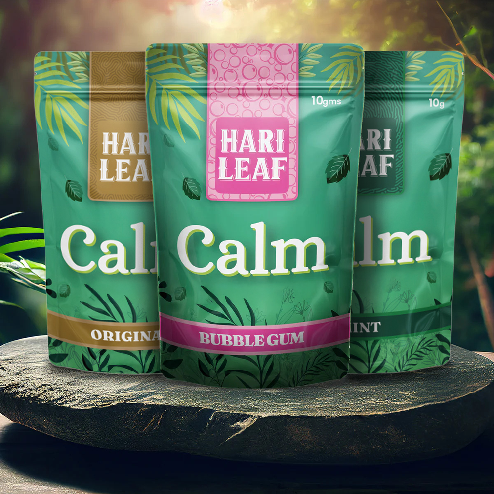Three packages of Hari Leaf Calm on a stone surface with a natural background