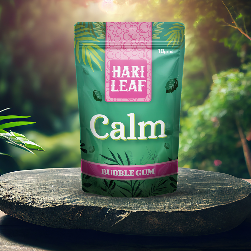 Hari Leaf Calm bubble gum Pouch with a natural background | Herbal Blends